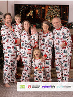 Pyjamas à manches longues assortis pour toute la famille avec imprimé sapins et voitures de Noël, et chaussettes de Noël multicolores