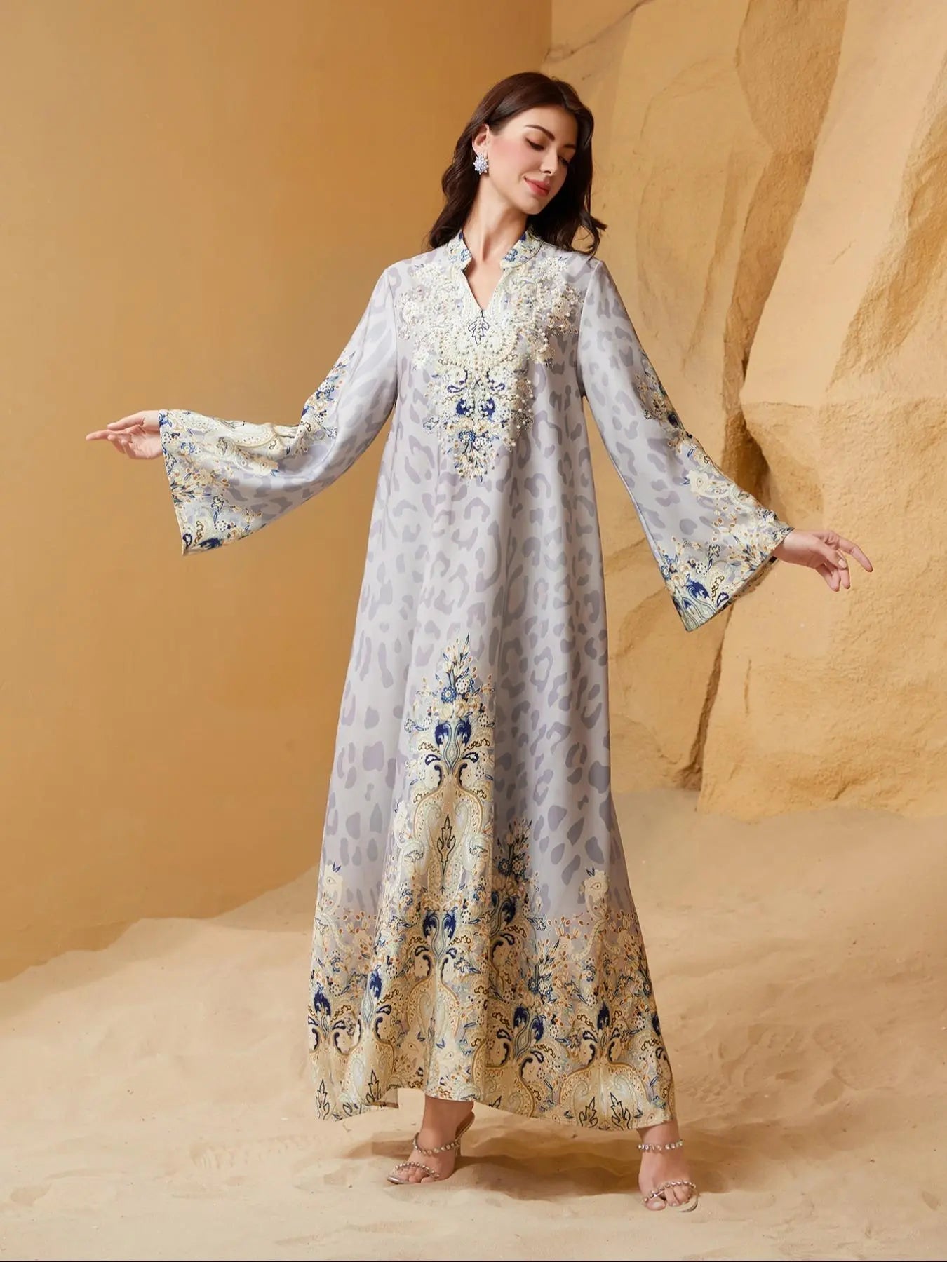 Abito lungo tradizionale da donna con motivo etnico e decorazioni in perle finte, abito lungo boho a maniche lunghe con scollo rotondo per vacanze, cerimonie, matrimoni, abbigliamento musulmano da donna per tutte le stagioni