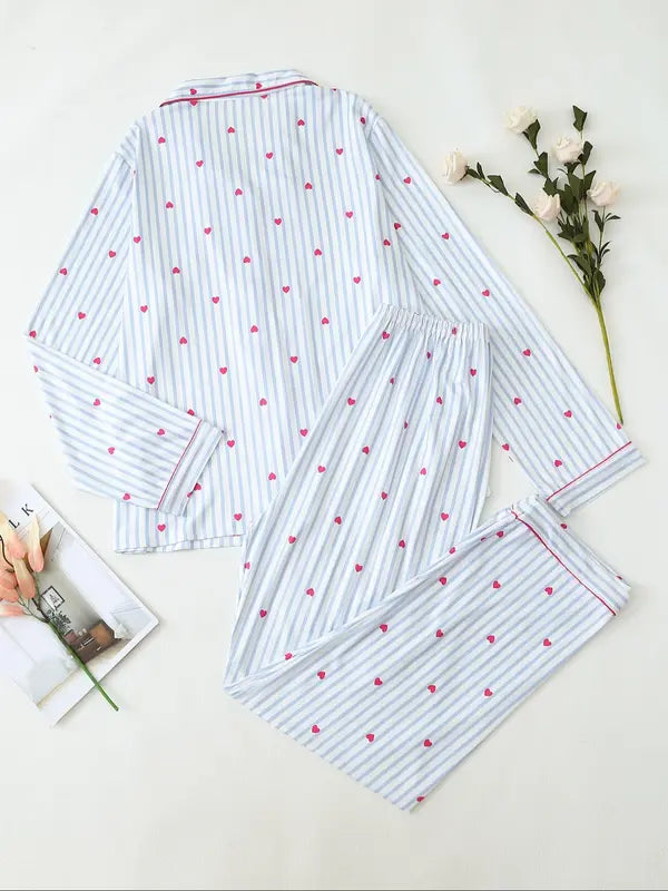 Ensemble deux pièces pour femme, pyjama avec chemise et pantalon imprimé nœuds, décontracté et confortable, haut à manches longues et col à revers avec pantalon, vêtements de nuit pour femme pour le printemps et l'automne
