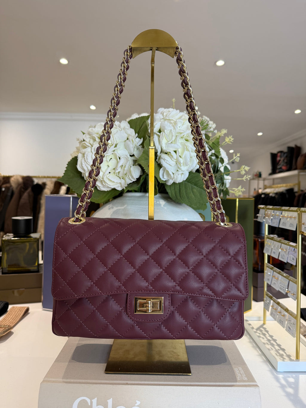 Grand Sac à Main Matelassé en Cuir Véritable avec Fermoir Tournant et Anse Chaîne (8 Couleurs)