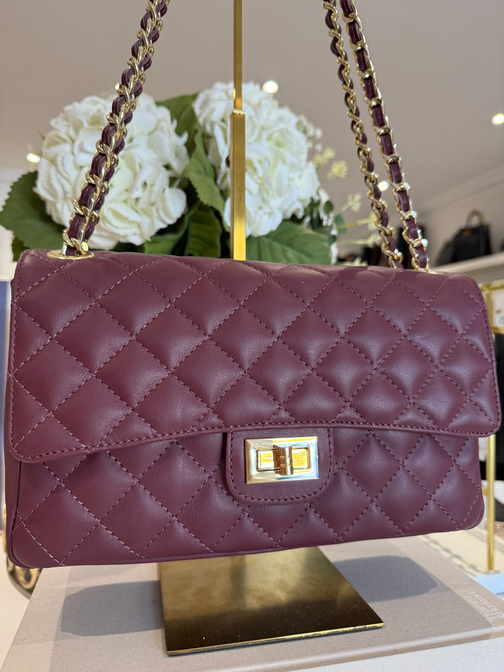 Grand Sac à Main Matelassé en Cuir Véritable avec Fermoir Tournant et Anse Chaîne (8 Couleurs)