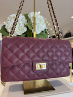 Grand Sac à Main Matelassé en Cuir Véritable avec Fermoir Tournant et Anse Chaîne (8 Couleurs)