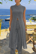 Ensemble décontracté femme, haut long à col rond et pantalon, couleur unie