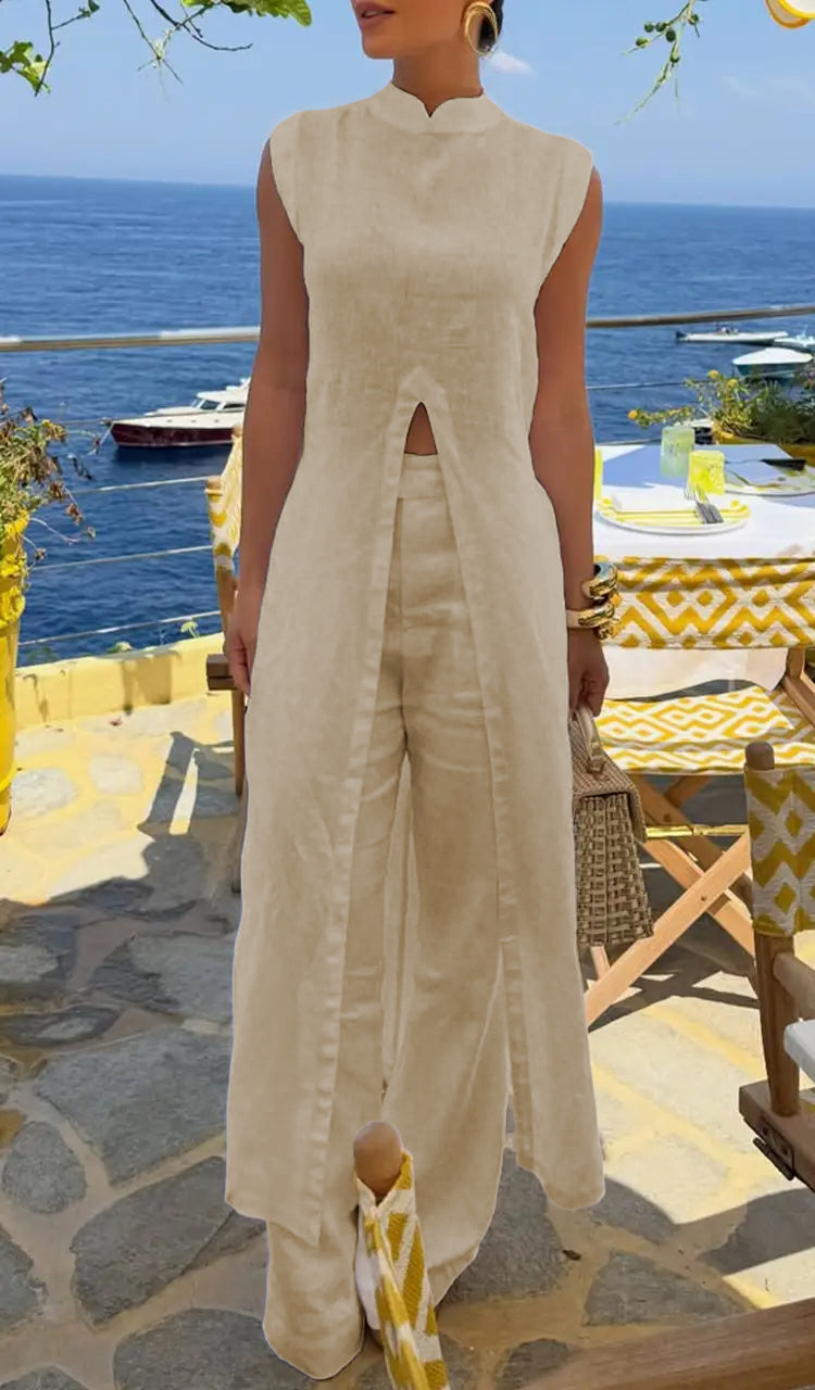 Ensemble décontracté femme, haut long à col rond et pantalon, couleur unie