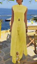 Ensemble décontracté femme, haut long à col rond et pantalon, couleur unie