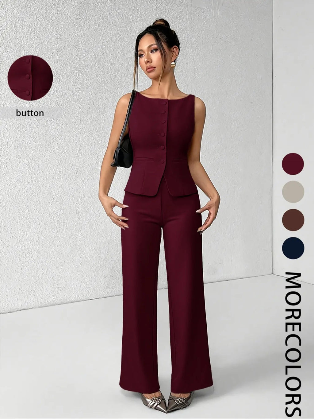 Ensemble deux pièces minimaliste et chic pour femme, composé d'un débardeur sans manches uni boutonné et d'un pantalon large, idéal pour l'été, le quotidien, le bureau, les tenues d'entreprise et les ensembles décontractés assortis.