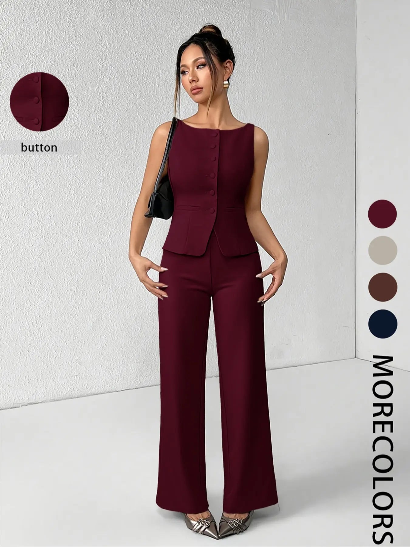 Ensemble deux pièces minimaliste et chic pour femme, composé d'un débardeur sans manches uni boutonné et d'un pantalon large, idéal pour l'été, le quotidien, le bureau, les tenues d'entreprise et les ensembles décontractés assortis.