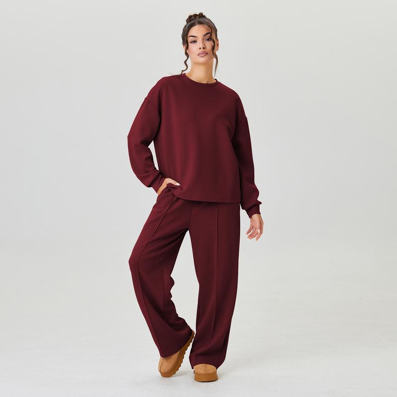 Ensemble décontracté femme, haut ample uni à manches longues et pantalon à surpiqûres apparentes