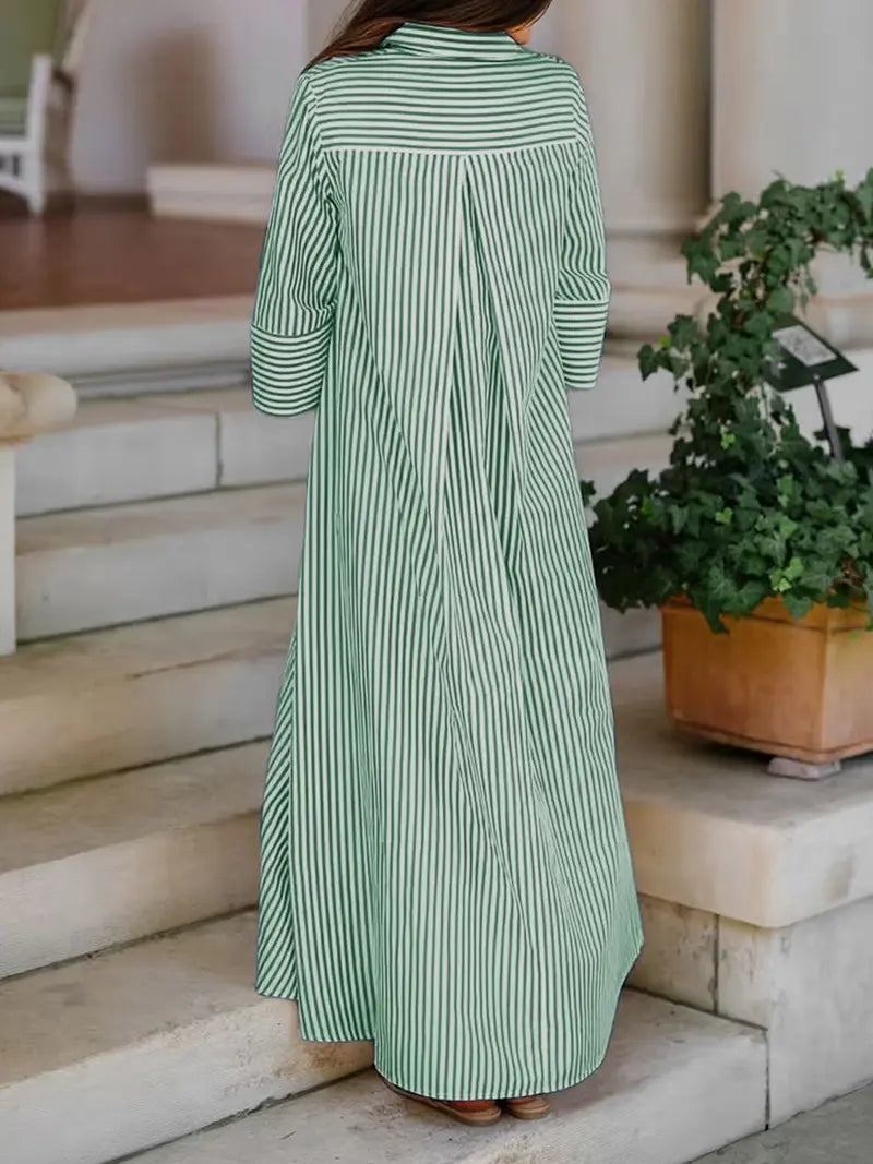 Elegante Abito Camicia Donna Sciolto a Righe con Colletto e Bottoni sul Davanti
