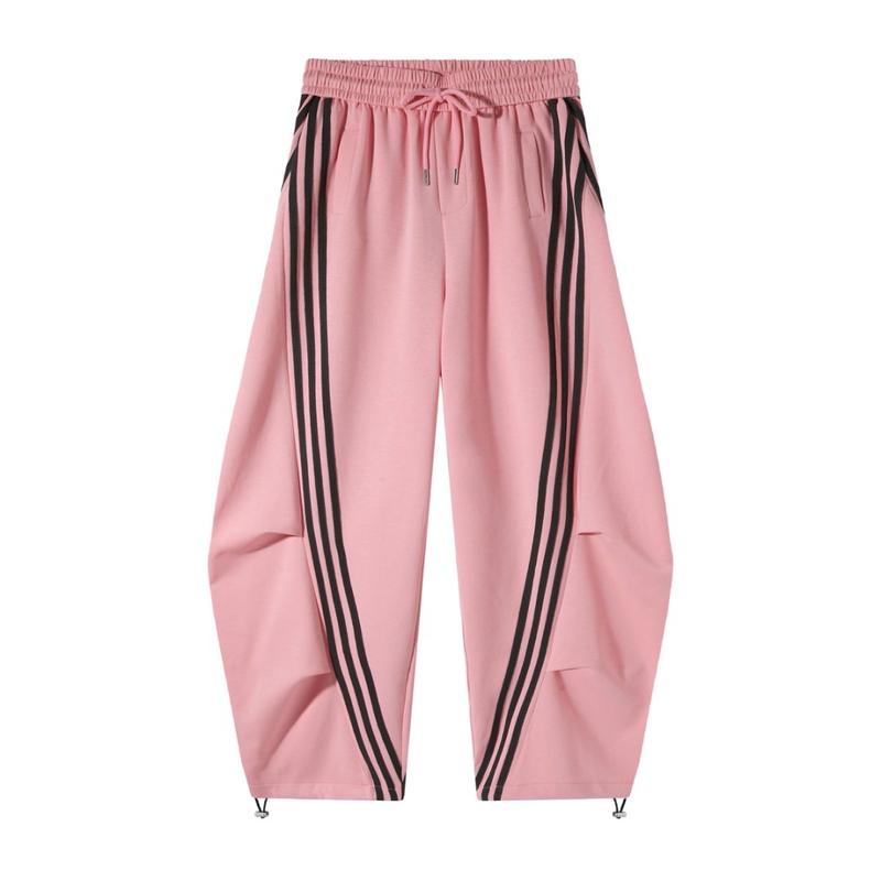 Pantaloni sportivi larghi a gamba larga a righe da donna, casual streetwear, con elastico in vita e tasche laterali per l'allenamento