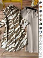 Set Due Pezzi da Donna Stampa All-Over Camicia Bottoni & Pantaloni a Gamba Larga, Top Casual a Maniche Lunghe con Colletto & Pantaloni per Uso Quotidiano, Abbigliamento Donna per Tutte le Stagioni