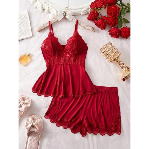 Women's Solid/leopard Print Strap Cami Top & Lace Trim Shorts Pyjama Two-piece Set, Casual Comfy Camisole & Shorts Pj Set, Ladies Sleepwear for All Seasons, Loungewear, Pajamas, Womenswear