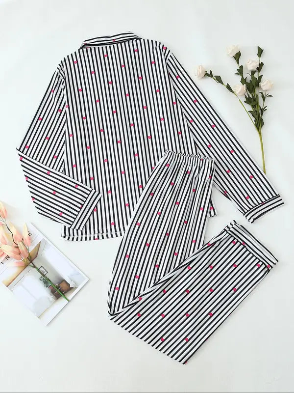 Ensemble deux pièces pour femme, pyjama avec chemise et pantalon imprimé nœuds, décontracté et confortable, haut à manches longues et col à revers avec pantalon, vêtements de nuit pour femme pour le printemps et l'automne