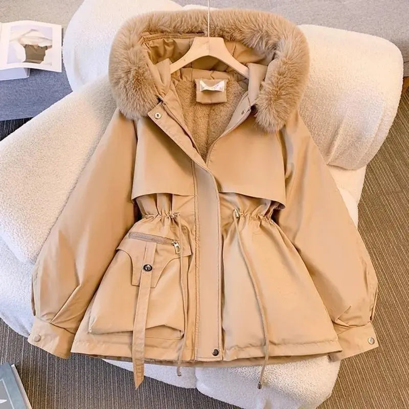 Parka mi-longue à capuche en fausse fourrure avec cordon de serrage, vestes doudounes épaisses et chaudes pour femme, manteau d'hiver doublé polaire pour femme