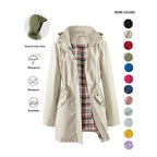 Trench-coat à capuche zippé de couleur unie pour femme, à cordon de serrage, manches longues, imperméable, coupe-vent, doux, confortable, décontracté, adapté au printemps, à l'automne, aux tenues quotidiennes et aux sorties
