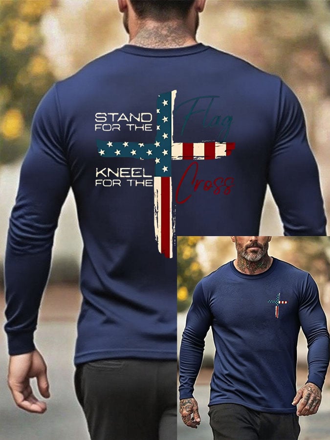 🔥Compra 3 e ottieni il 15% di sconto🔥T-Shirt da uomo con stampa "Stand For The Flag Kneel For The Cross"
