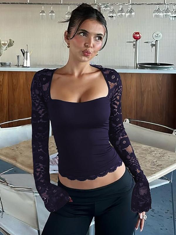 Maglietta da donna a maniche lunghe in pizzo floreale a tinta unita con volant, maglietta a maniche lunghe trasparente con motivo floreale sexy slim-fit per feste in discoteca, abbigliamento estivo da donna, top