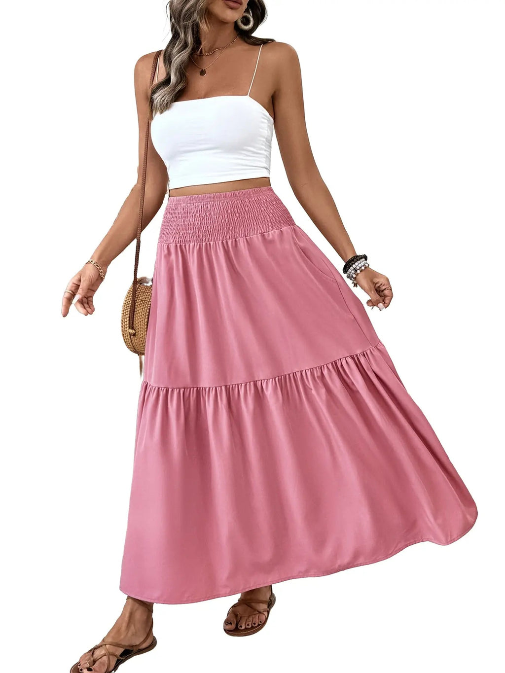 Gonna casual floreale da donna a trapezio, vita elastica con tasche, orlo a foglia, gonna lunga aderente, abito a media lunghezza alla moda