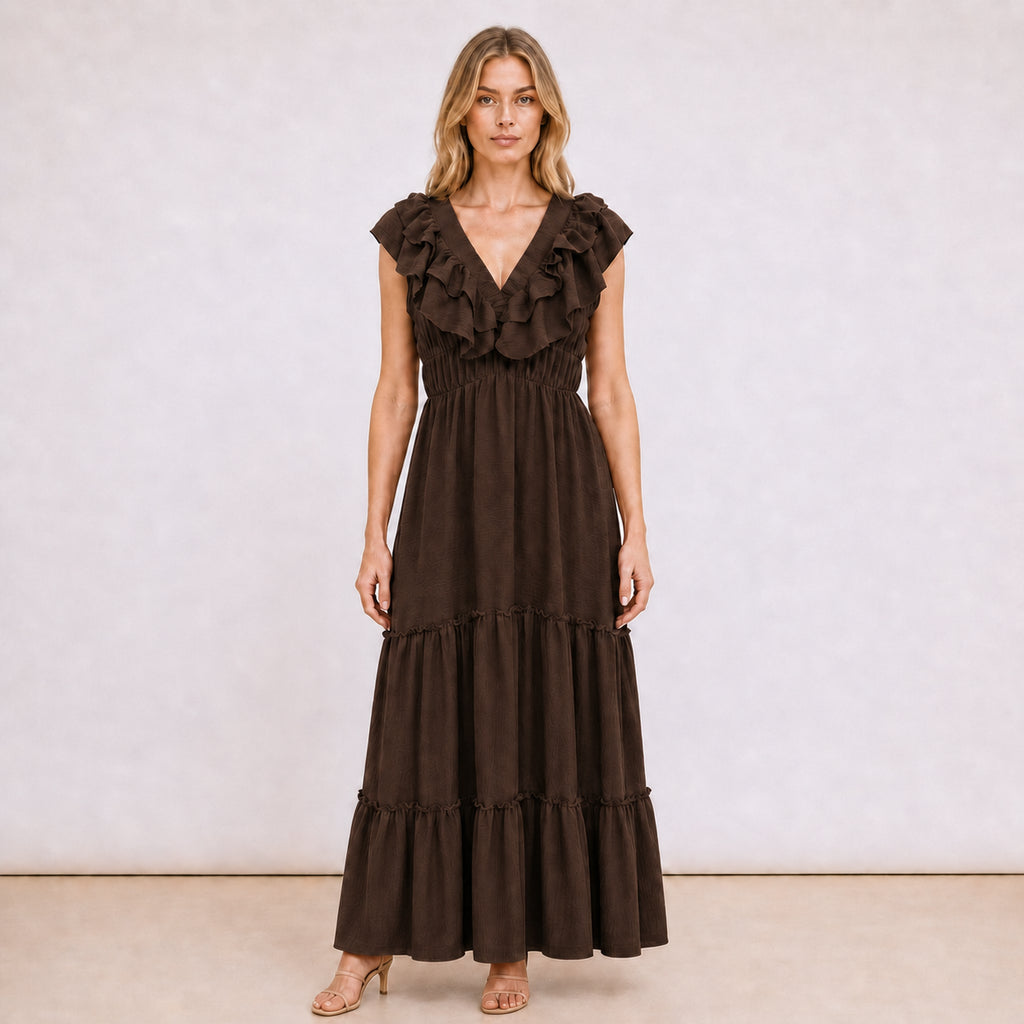 [2026.NOHO] Carmen, Vestito Lungo Con Balze E Volant Sullo Scollo A V