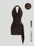 Robe Halter plissée unie pour femme