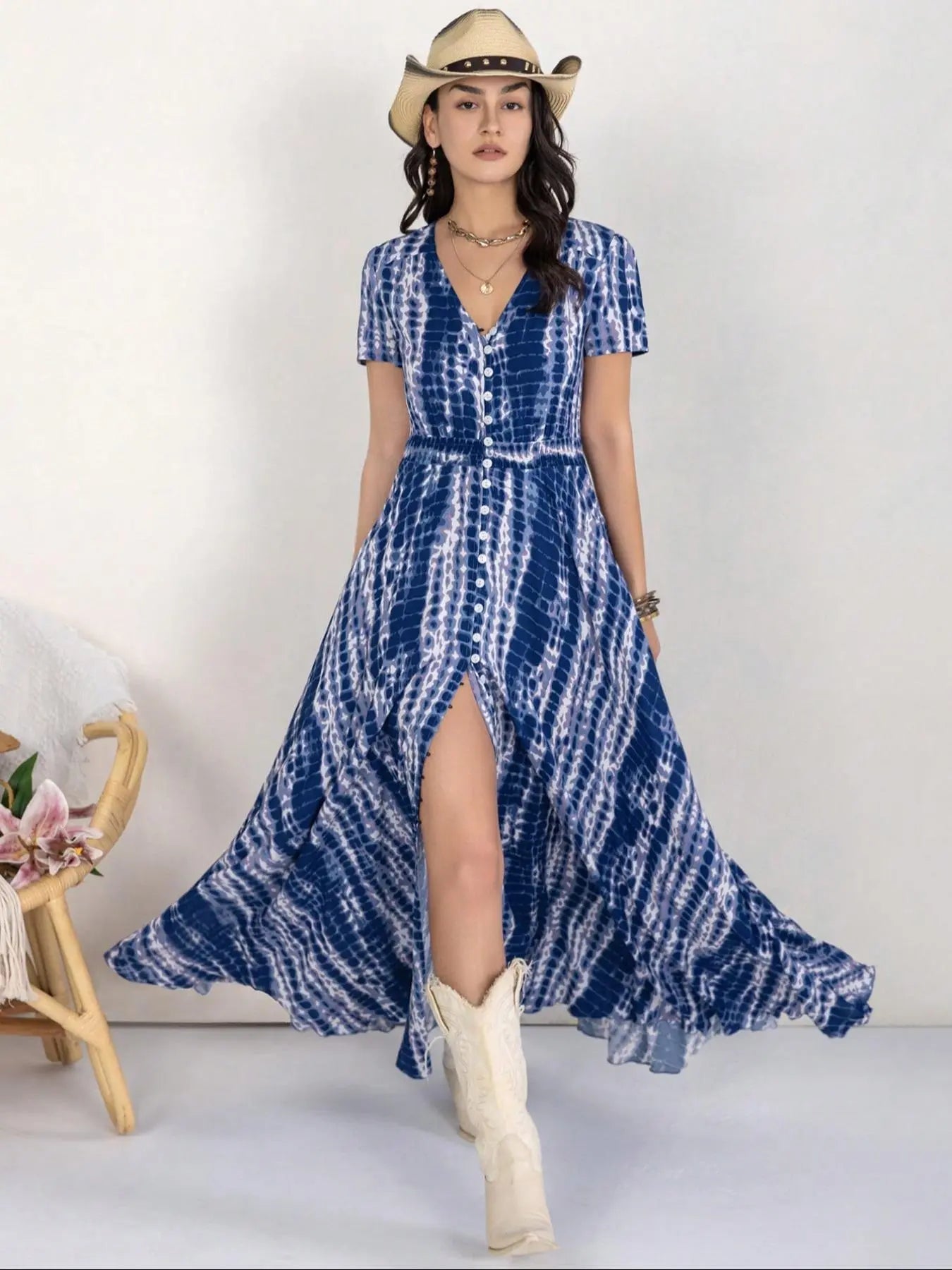 Vestito casual bohémien da donna con stampa floreale e bottoni, vestito da spiaggia estivo da donna con scollo a V, maniche corte, vestito chic e casual.