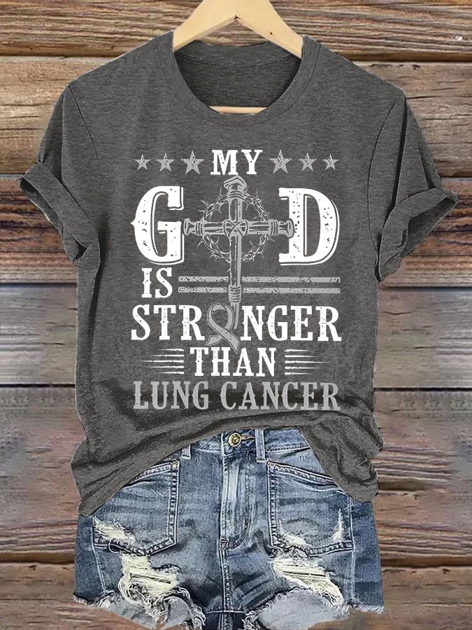 Women'S Casual Long-Sleeve Printed T-Shirt "God Is More Powerful Than Lung Cancer"