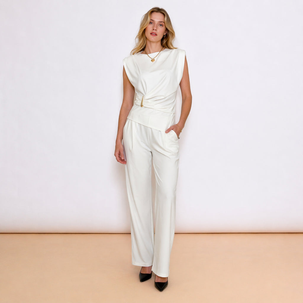 [2026.NOHO] Completo Due Pezzi Con Top Asimmettrico Drappeggiato E Pantalone Morbido