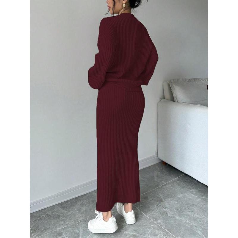 Set due pezzi da donna, maglione e gonna lunga a tinta unita con bottoni, top casual a maniche lunghe con spalle scese in maglia e gonna a vita alta per l'uso quotidiano all'aperto, maglieria da donna per l'autunno e l'inverno