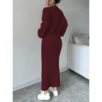 Set due pezzi da donna, maglione e gonna lunga a tinta unita con bottoni, top casual a maniche lunghe con spalle scese in maglia e gonna a vita alta per l'uso quotidiano all'aperto, maglieria da donna per l'autunno e l'inverno