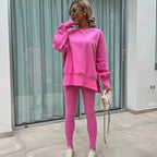 Ensemble deux pièces oversize pour femme - Sweat-shirt à ourlet fendu et pantalon skinny, pull décontracté à col rond et manches longues, vêtements pour femme pour l'automne et costumes d'hiver basiques, Gamis pour femme