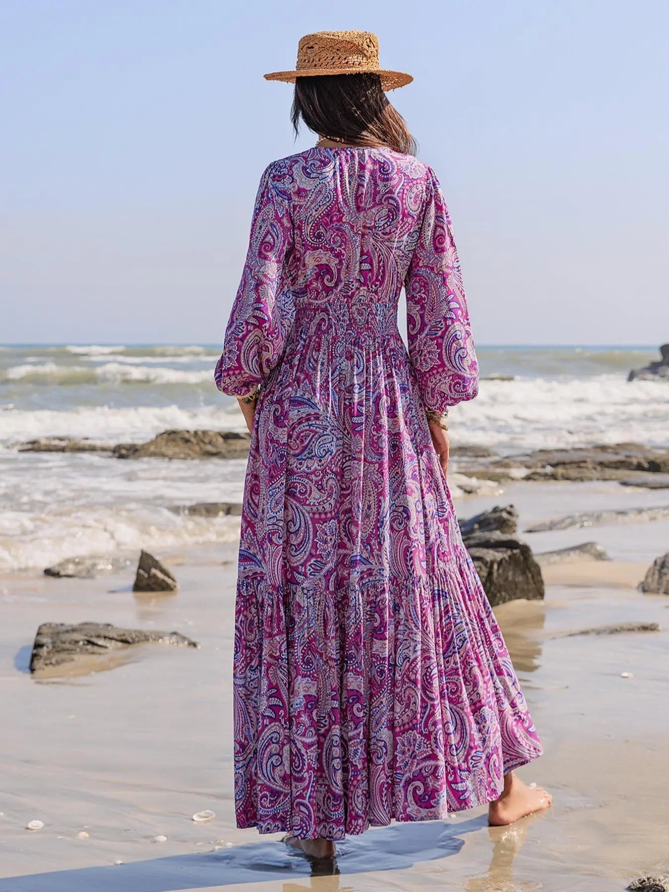 Robe longue tissée à manches longues pour femme style bohème, imprimé cachemire, taille ajustée, confortable, décontractée et élégante pour toutes les saisons, parfaite pour la plage
