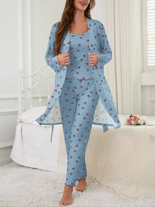 Ensemble nuisette et pantalon à bretelles pour femme à imprimé cerises