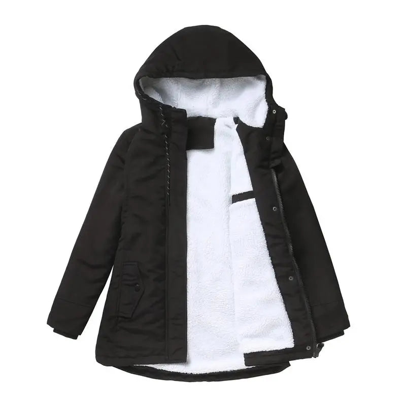 Parka d'hiver en coton épais avec doublure en polaire, manteau chaud à capuche mi-long, coupe ajustée, manches longues, en fausse fourrure noire, pour un style élégant et décontracté - Vestes