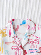 Ensemble deux pièces pyjama femme, chemise imprimée à nœud avec boutons et poches, et pantalon à taille élastique, décontracté et confortable, haut à manches longues et col à revers, et pantalon de pyjama