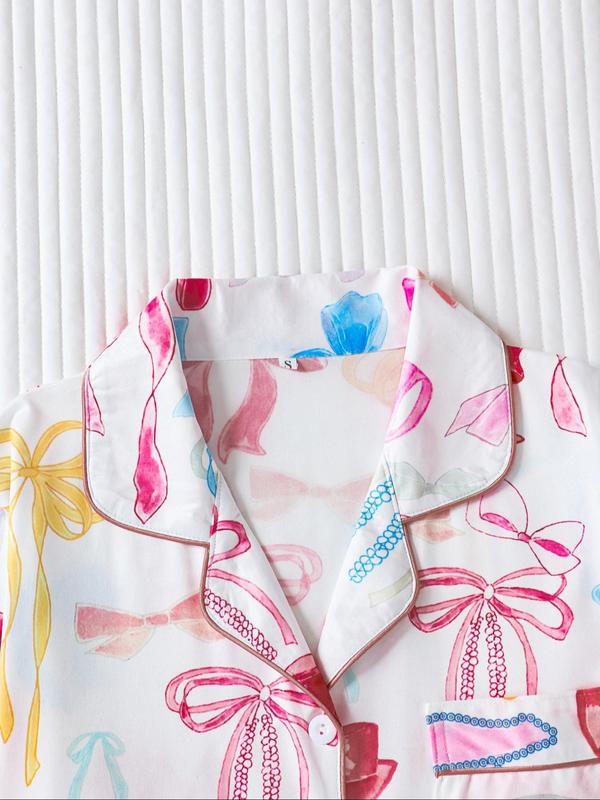 Ensemble deux pièces pyjama femme, chemise imprimée à nœud avec boutons et poches, et pantalon à taille élastique, décontracté et confortable, haut à manches longues et col à revers, et pantalon de pyjama