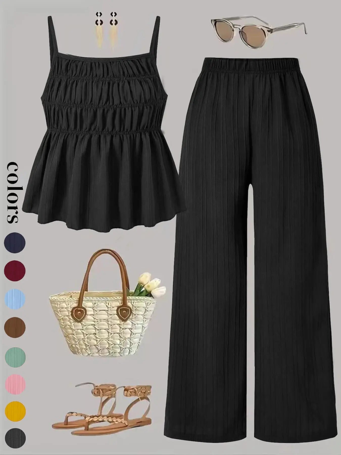 Ensemble deux pièces pour femme, caraco de couleur unie et pantalon large