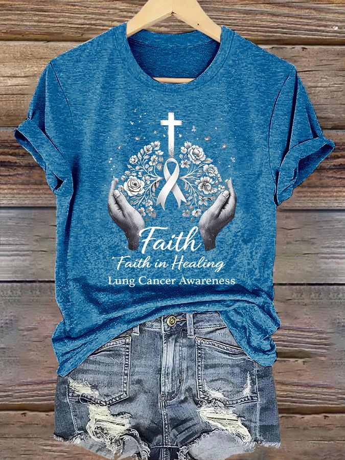 Women'S Casual Short-Sleeve T-Shirt With Lung Cancer Awareness Print "Faith In Healing"