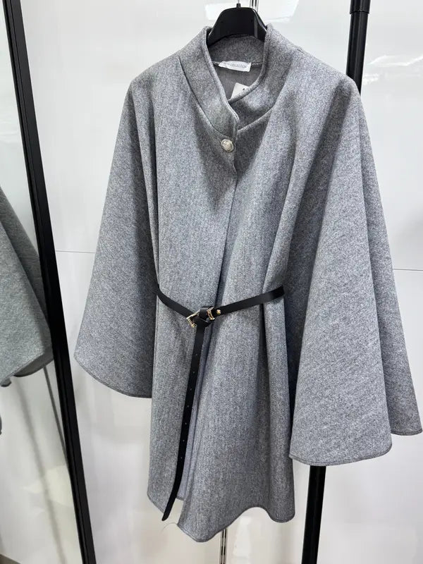 Manteau cape en laine ceinturé à boucle unie pour femme