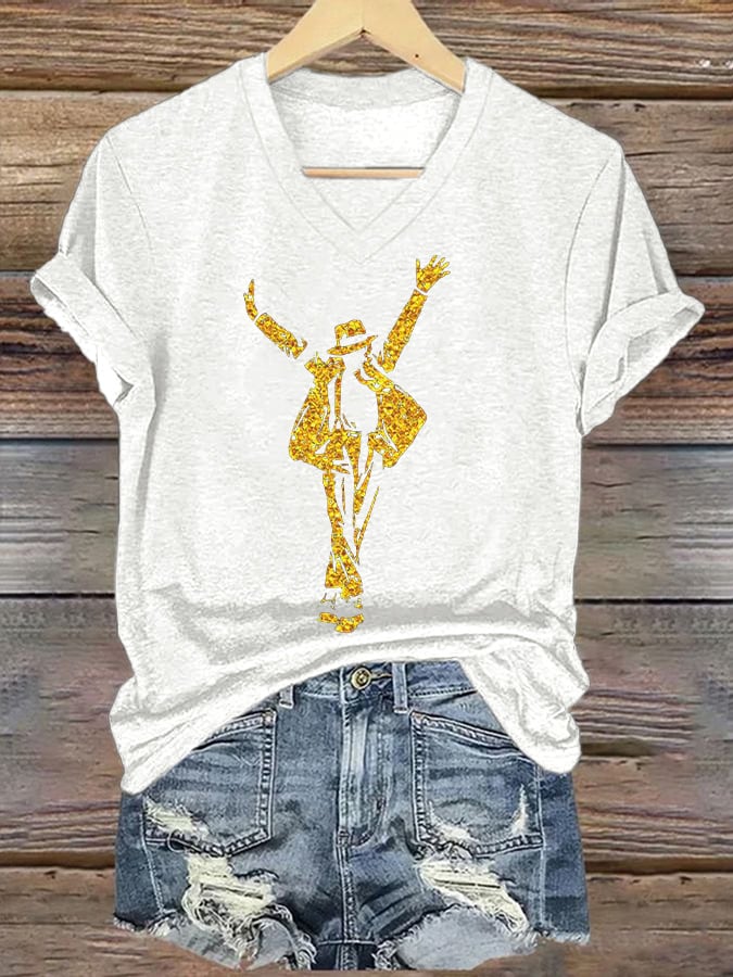 T-shirt scollo a V stampa artistica superstar da donna