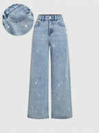 Jean élégant taille haute coupe large pour femme, tissu tissé ajusté, orné de strass, pantalon mode toutes saisons