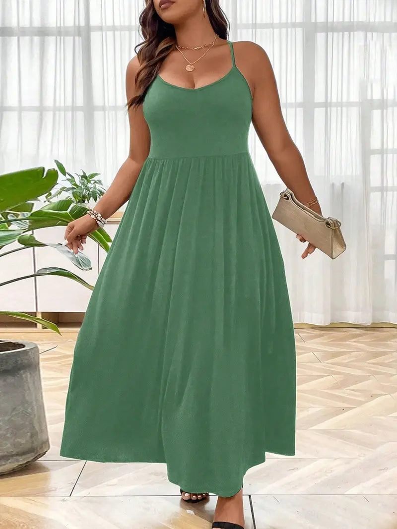 Robe Caraco Grande Taille sans Dos et Croisée, Robe trapèze décontractée unie sans manches à fines bretelles pour l'été, Vêtements pour femmes pour fête et vacances