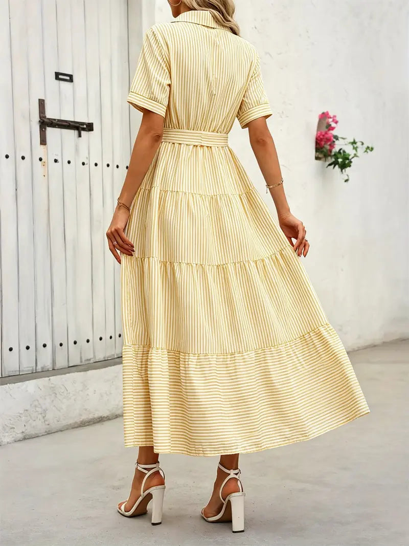 Robe longue décontractée et élégante pour femme avec ceinture imprimée à rayures, vêtements d'été pour femme, pour le quotidien