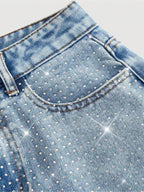 Jean élégant taille haute coupe large pour femme, tissu tissé ajusté, orné de strass, pantalon mode toutes saisons