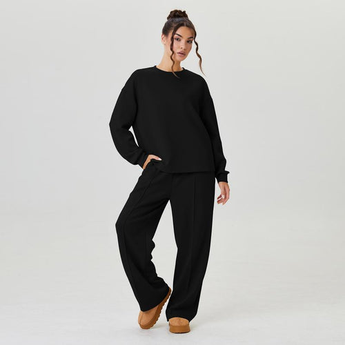 Completo da donna casual tinta unita a maniche lunghe e pantaloni con cuciture a vista