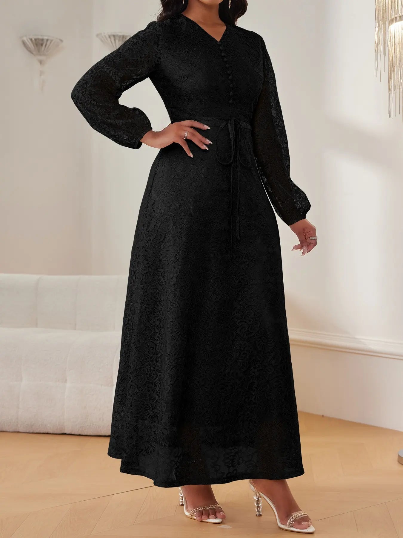 Vestito da donna in pizzo con scollo a V e maniche lunghe, elegante e chic con cintura in vita, vestibilità slim, tinta unita, per matrimoni, serate ed eventi formali, primavera e autunno