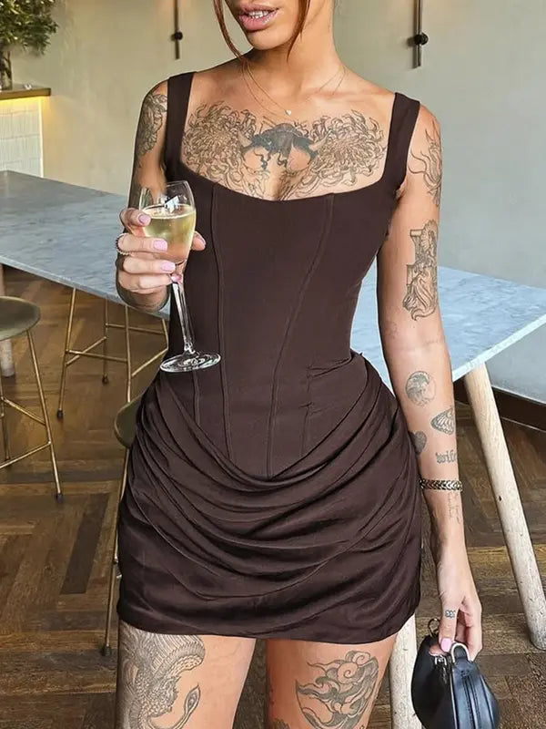 Robe mini-corset sexy moulante à ruché et cordon de serrage avec arêtes de poisson pour femme, tenue de soirée en boîte de nuit