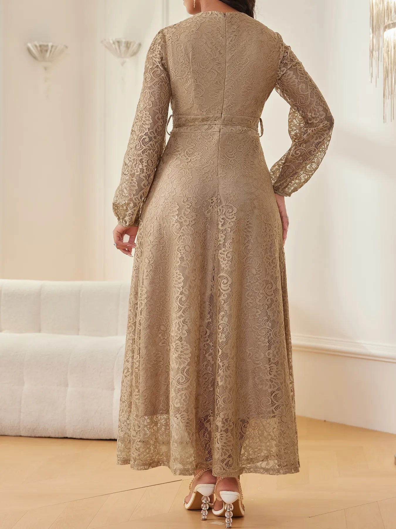 Vestito da donna in pizzo con scollo a V e maniche lunghe, elegante e chic con cintura in vita, vestibilità slim, tinta unita, per matrimoni, serate ed eventi formali, primavera e autunno