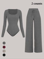 Ensemble salopette en molleton côtelé de couleur unie coupe slim pour femme, pantalon large, tissu confortable et tendance pour le quotidien
