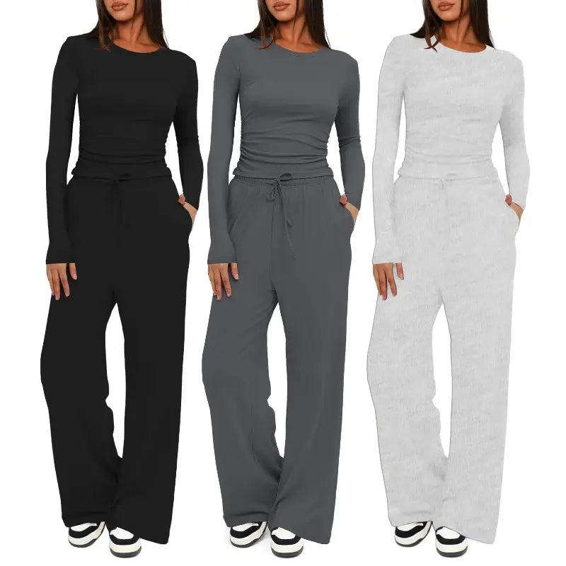 Completo da Casa da Donna Tinta Unita con Arricciature e Coulisse, Top Casual a Maniche Lunghe con Scollo Rotondo e Pantaloni a Gamba Larga con Tasche, Pigiama da Donna per Tutte le Stagioni