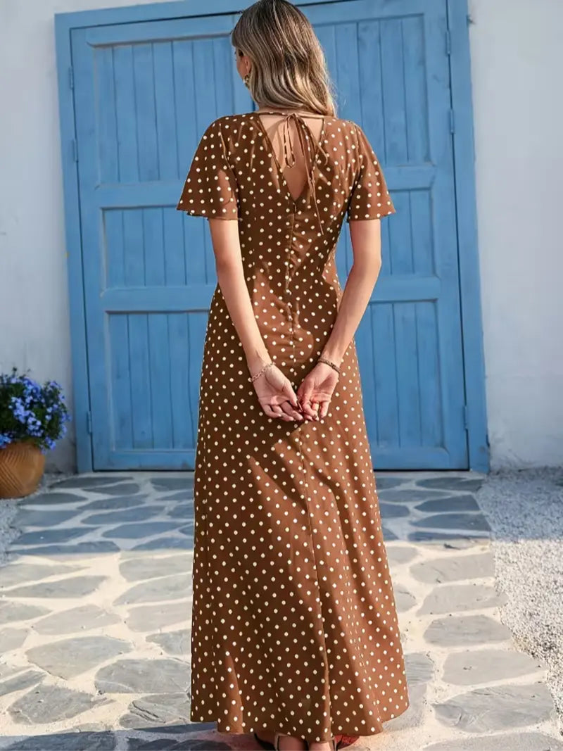 Abito lungo da donna bohémien con scollo a V e maniche corte, stile casual a pois per le vacanze, nuova moda europea e americana